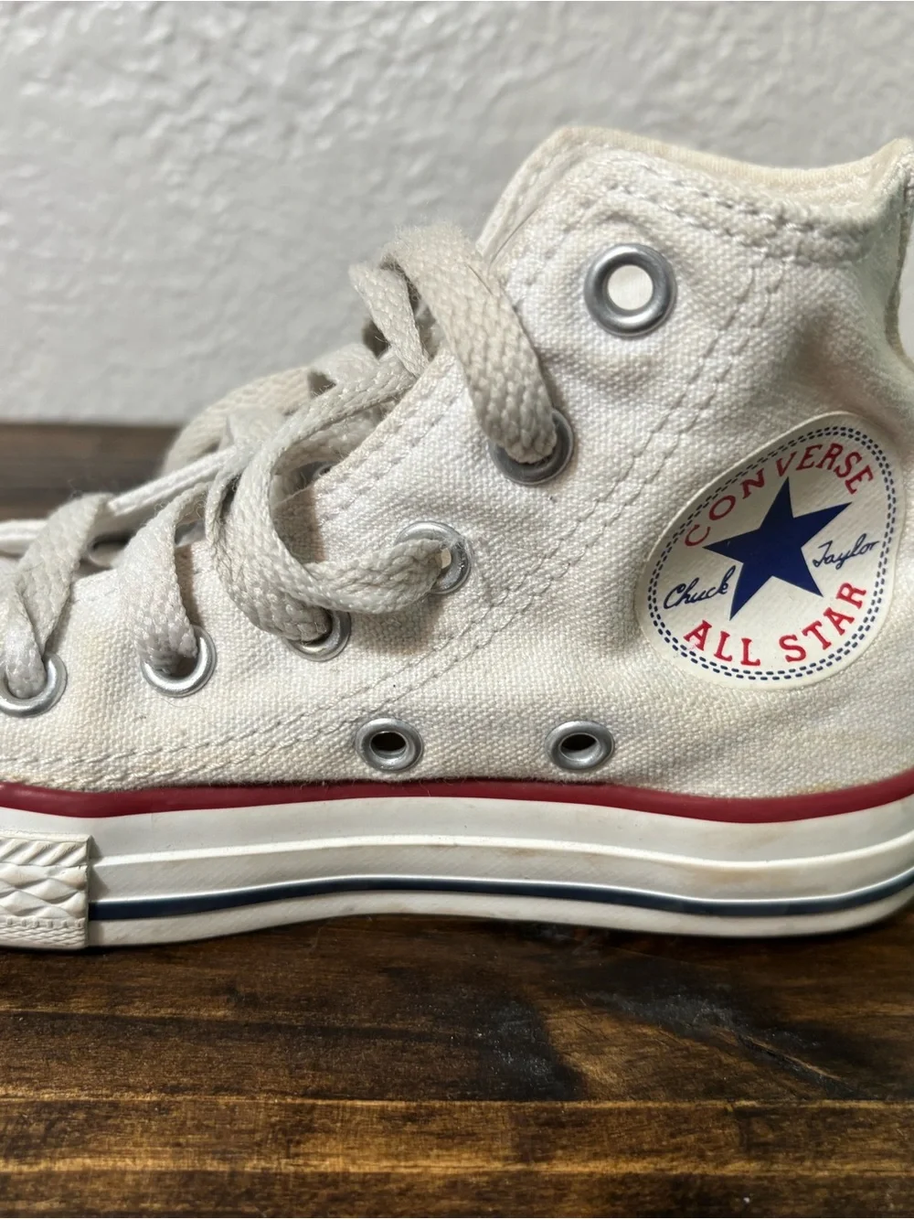 Converse Kids High-Top Canvas Sneakers in Off-White with Red Trim